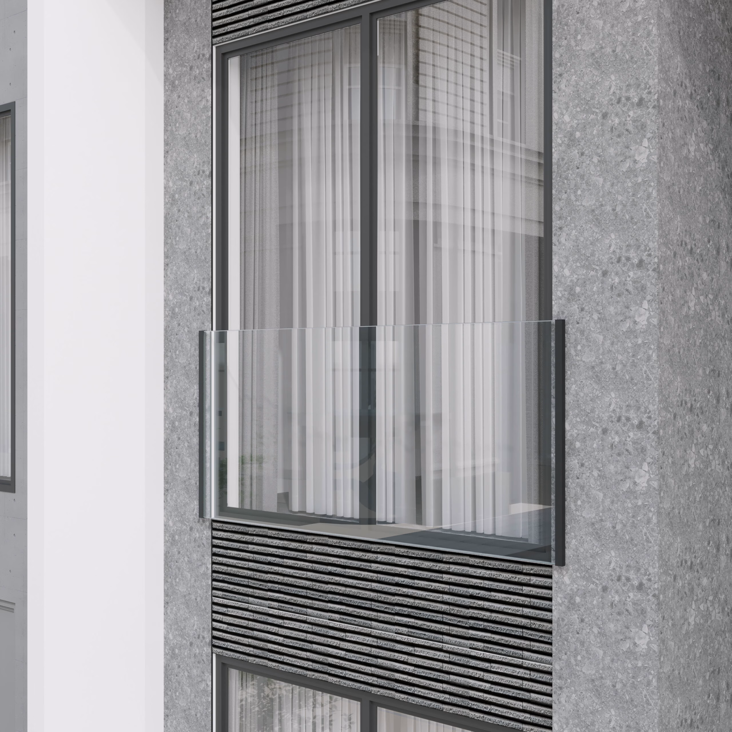 Glass Juliet Balcony with black SkyForce top mount system installed on a modern apartment.