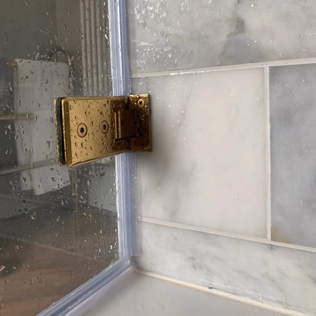 Bath Screen Brass Hinge Closeup