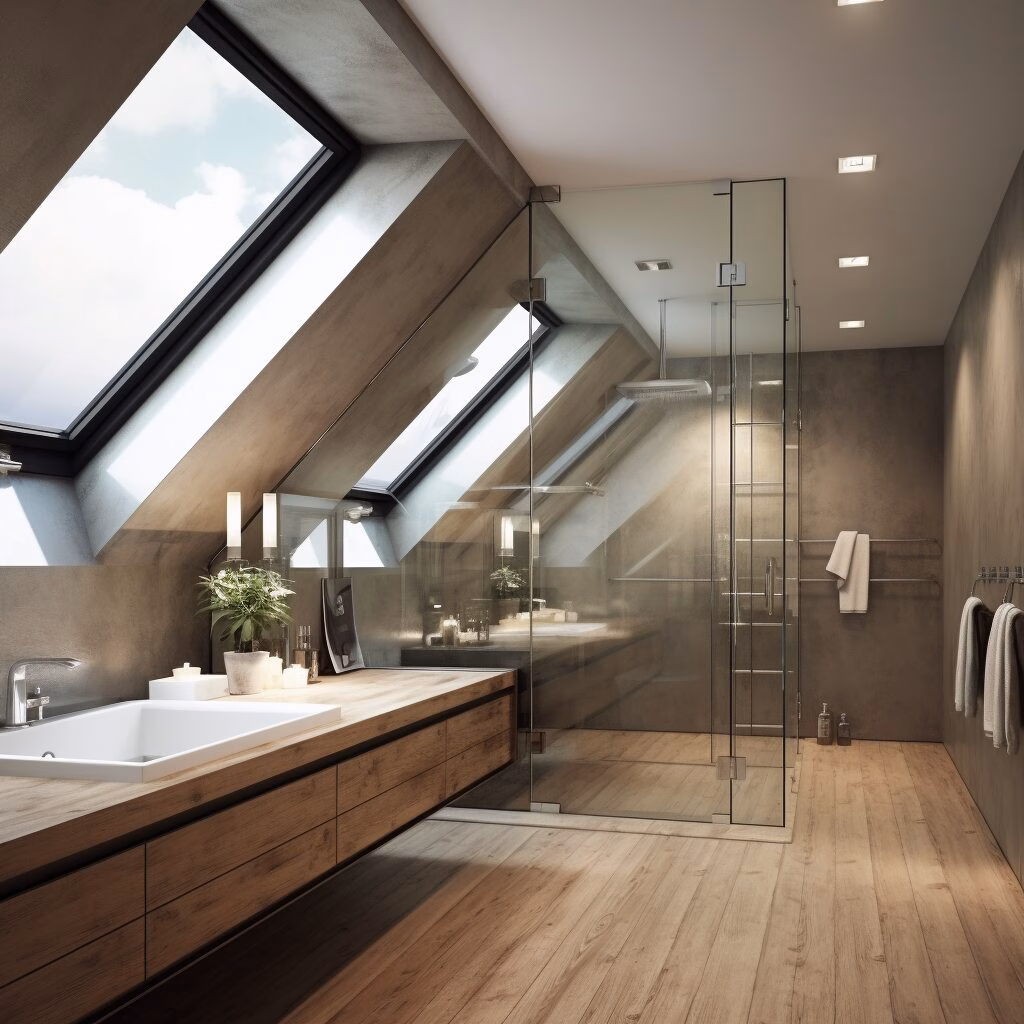 A floor to ceiling glass shower enclosure in an ultra modern bathroom with raked glass partition and full length toughened glass shower door.