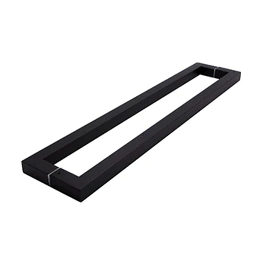 Black sqaure pull handles for glass doors.