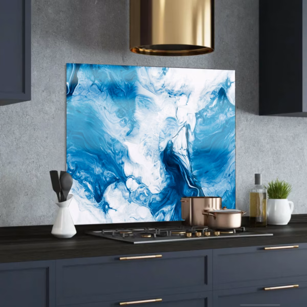 blue marble glass printed splashback