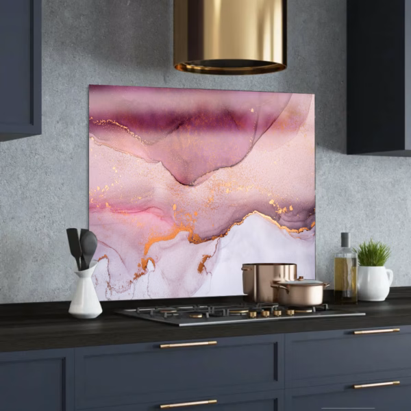 pink marble printed glass splashback