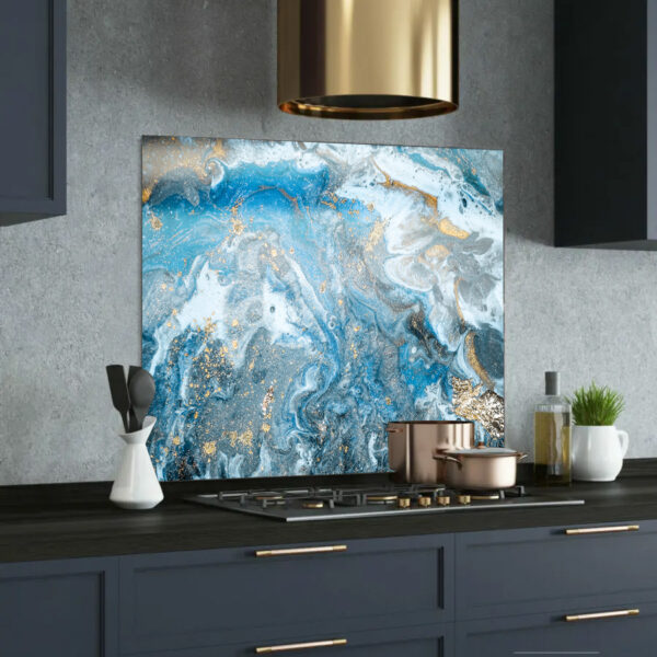 Blue with Gold Splatter marble printed glass splashback