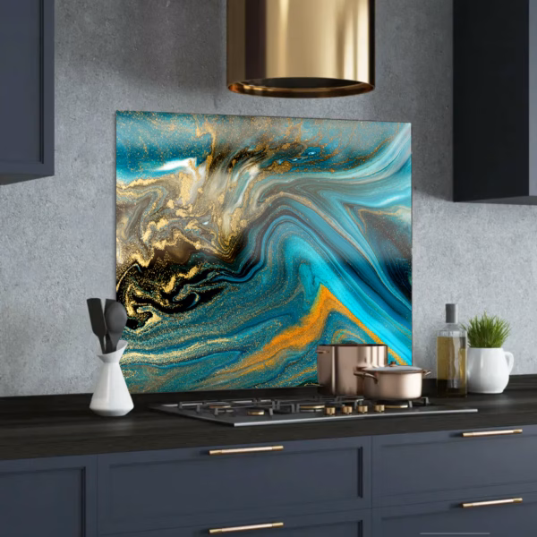 turquoise & gold printed glass splashback