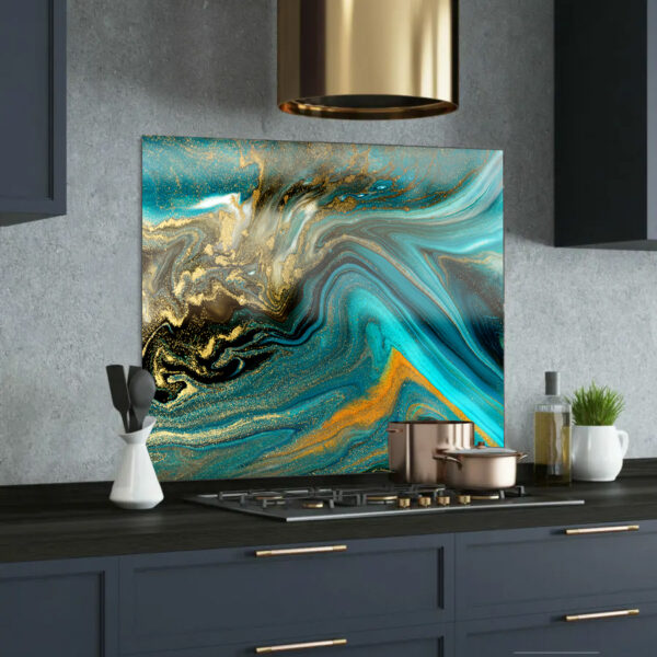turquoise & gold printed glass splashback