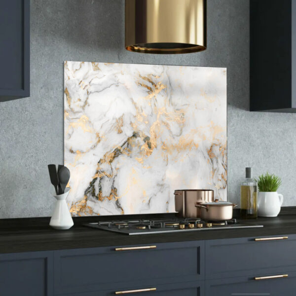 White, Grey, and Gold Marble Printed Glass Splashback