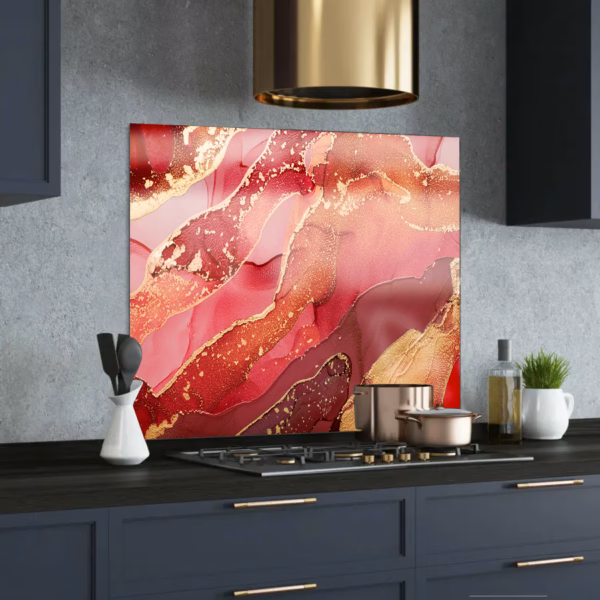 red & gold printed glass splashback