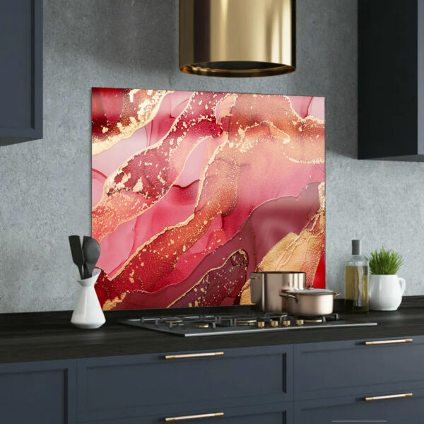 red & gold printed glass splashback