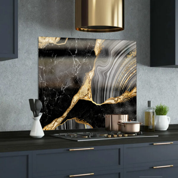 black, grey, and gold marble printed glass splashback