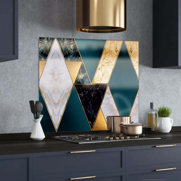 green and golld geometric marble painted glass splashback
