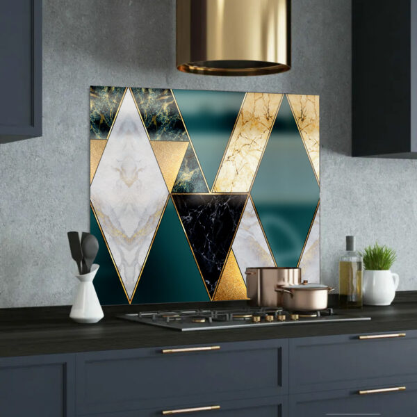 green and golld geometric marble painted glass splashback