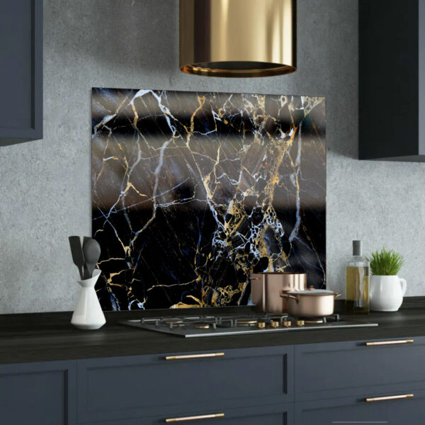 Black, White, and Bronze Marble Printed Glass Splashback