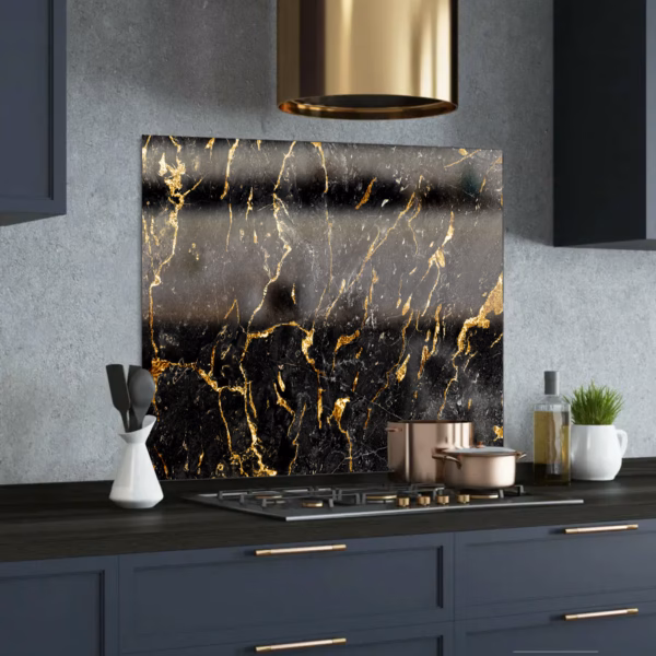 dark grey & gold printed glass splashback