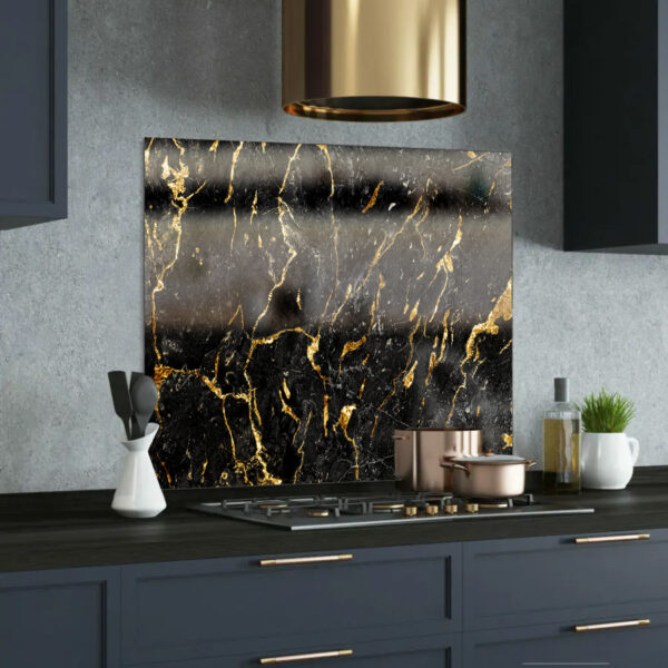 dark grey & gold printed glass splashback