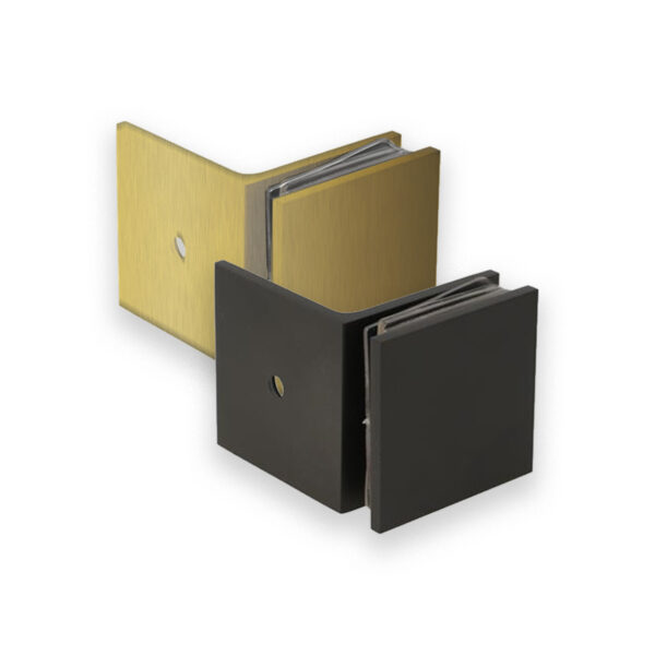 Glass to Wall Brackets for shower screens in brushed brass and black finish.